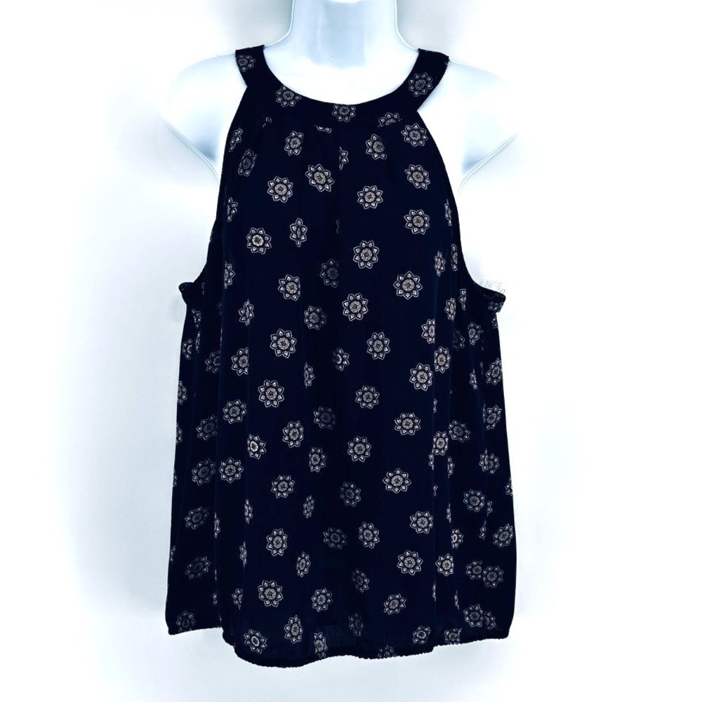 LOFT Navy Medallion Halter Neck Blouson Top Sz XL Quiet Luxury‎ Classic Preppy